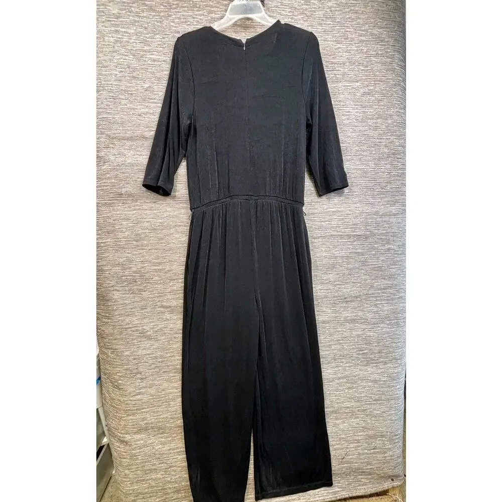 Chico's Travelers Jumpsuit Womens Size 2 US 12-14 Black Velvet V-Neck 3/4 Sleeve